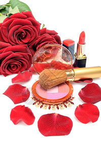 妇女化妆品红玫瑰和静态生背景图片