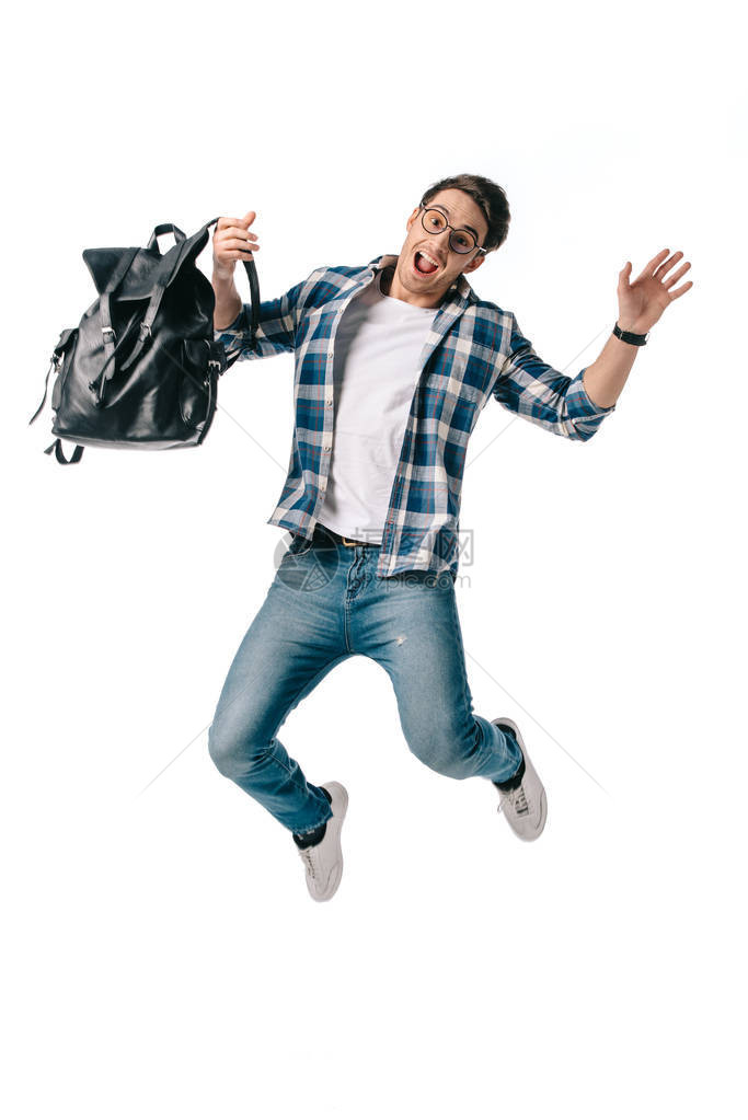 尖叫的学生跳跃背包图片
