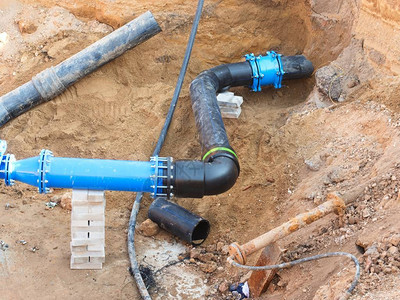 地下水供管道的修复过程沙沟中的黑色塑料管与带有多接头和螺纹法图片