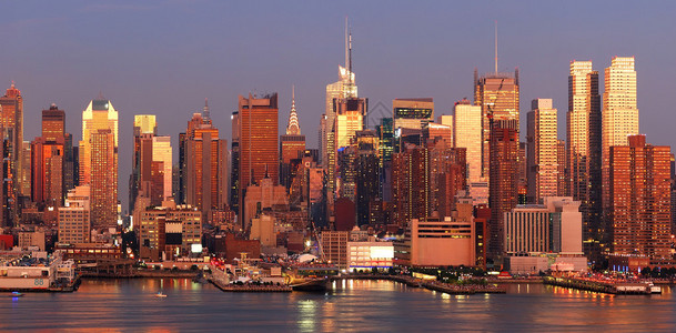 纽约市曼哈顿天线日落时的全景与时代广场和摩天大楼图片