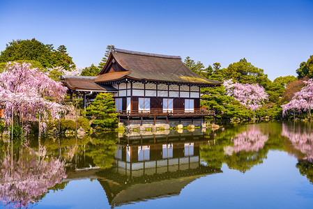 日本京都被樱花树包围的宗教建筑图片