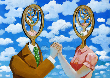 一男女相互反射产生无限的两面镜子相对而图片