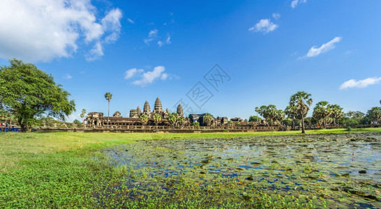 在阳光明媚的日子里柬埔寨西姆庄园湖对高清图片