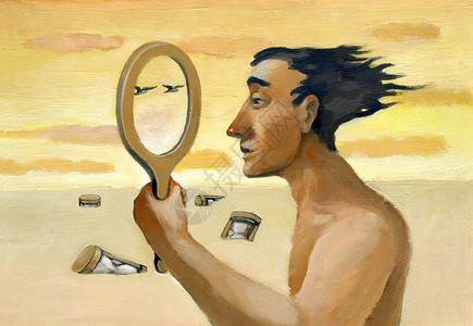 一个男人透过空镜子看着周围的图片