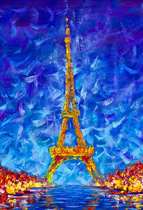 巴黎夜市油画在帆布上蓝色夜空中图片