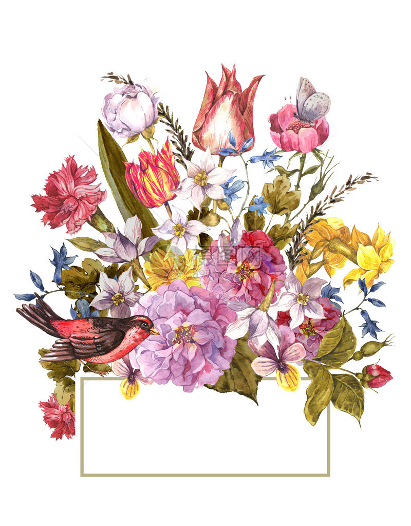 春季花卉复古卡与牡丹玫瑰水仙蝴蝶郁金香野花和复古风格的图片