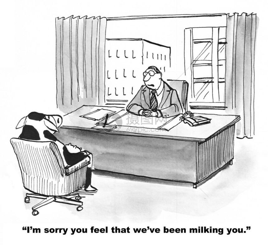 关于公司文化的商业漫画员工奶牛觉得公司在挤她奶呢图片