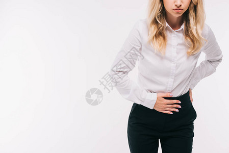 商业妇女胃部疼痛与白隔图片