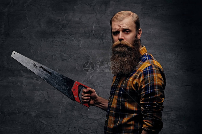 一个长胡子的木匠穿成一身格子衬衫肩膀上握手的男子Greyvign图片