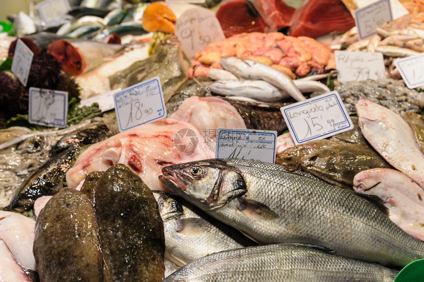 在SantJosepdelaBoqueria市场销售的鱼和海产食品图片