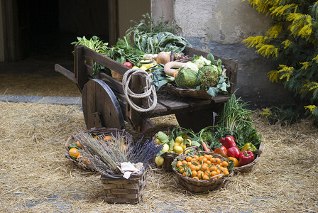 中世纪市场的水果和蔬菜摊位图片