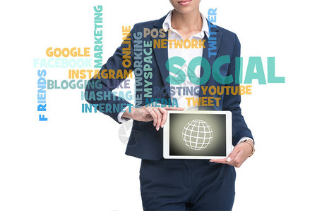 商业女商人在屏幕社交媒体概念上用数字平板与一起展示数字片子图片