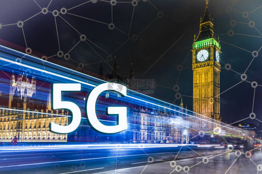 5G数字复合与伦敦夜灯背景5G世界峰会活动图片