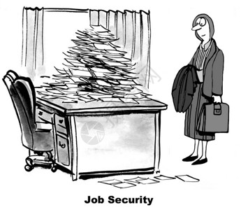 商业卡通在她的办公桌前展示女商人上面堆满了文件JobSec图片