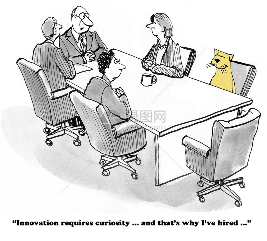 有关雇佣一只好奇猫参与创新的商业漫画笑声图片