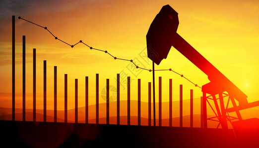 3d以金融分析图表显示日落背景的油泵插件石油价格下跌的背景图片