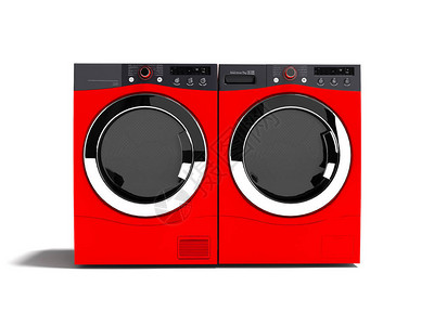 红洗衣机和家用烘干洗衣机3d在白图片