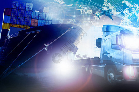 货运和货物运输的集装箱卡车和船运货图片
