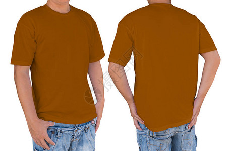 穿着带剪切路径前和后视图的空白套装棕色T恤衫的人插入标志图案或图片