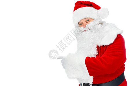 大胡子圣诞老人指着白色上孤立的东西图片