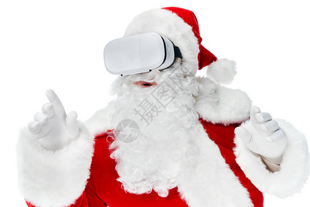 大胡子圣诞老人手势和使用虚拟现实耳图片