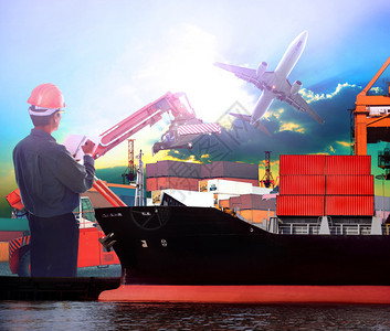 从事船舶港口和飞机货物流工作的经理用作进出口运输航运陆图片