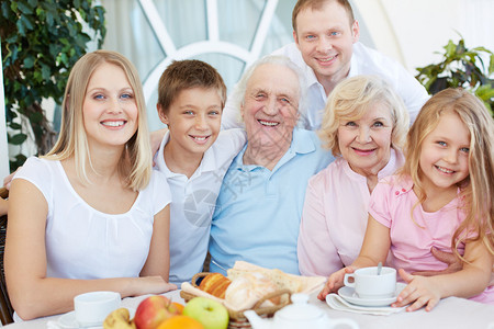 年长和年轻夫妇与子女在家吃饭的肖像图片