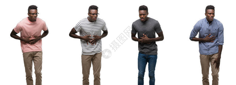 身穿不同衣服的非裔美国人因消化不良痛苦病痛不适而背负着手胃图片