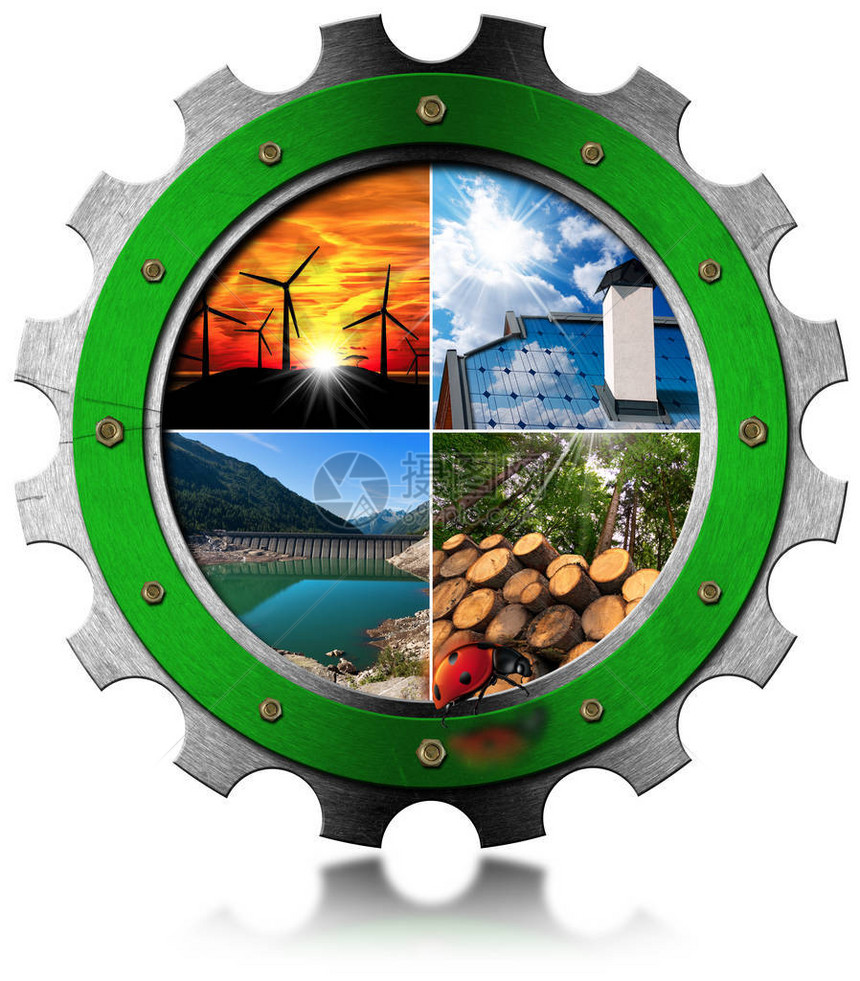 可再生能源概念带有四张可持续能源照片的金属齿轮的3D插图风能太阳能生图片