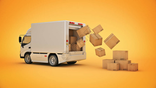 带纸板箱的白色送货卡车3d渲染图片