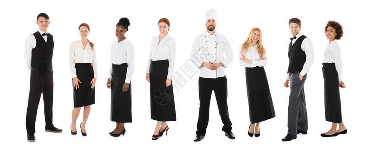 欢乐餐厅员工群体在白背图片