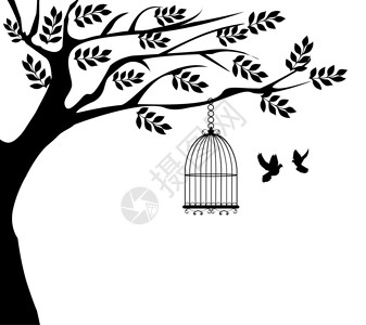 一棵树的插图与笼子和鸽子背景图片