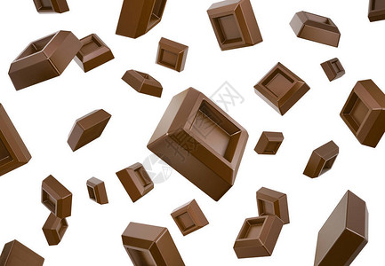 许多巧克力方块在白色空间坠落飞下孤立图片