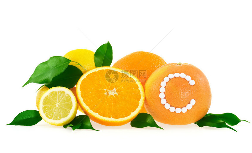 橙子柠檬葡萄水果以及白底维生素C药丸图片