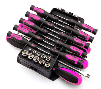 黑色和粉红色螺丝刀装在组织者箱中图片