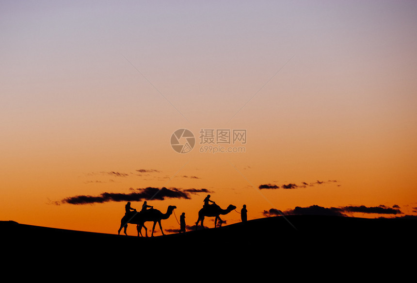 一小群游客在日落时乘骆驼穿过ErgChebbiDunes摩图片