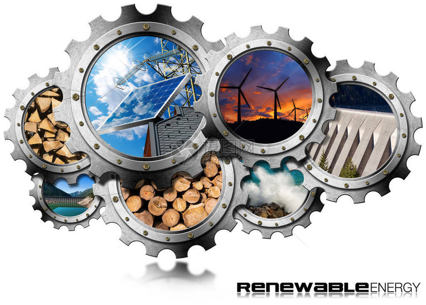 可再生能源概念一组具有可持续能源的齿轮的3D插图风能能生物质能图片