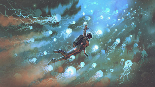 航天员宇航员与空间中发光的水母数字艺术风格插图图片