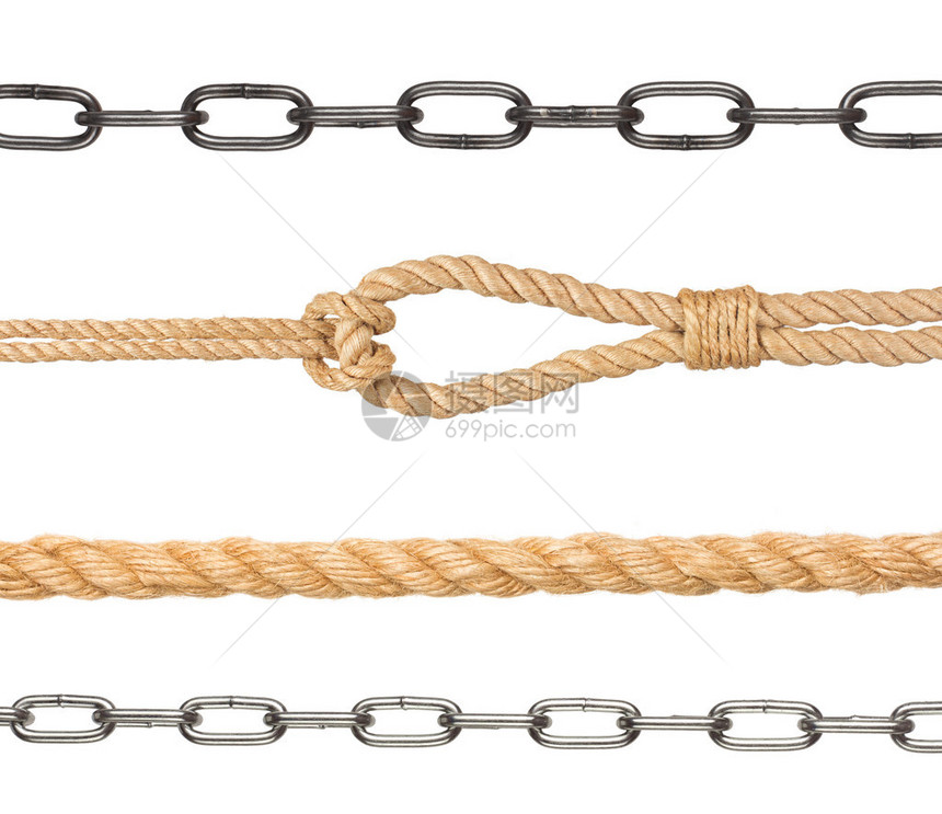白色背景下的链子和绳索的集合图片
