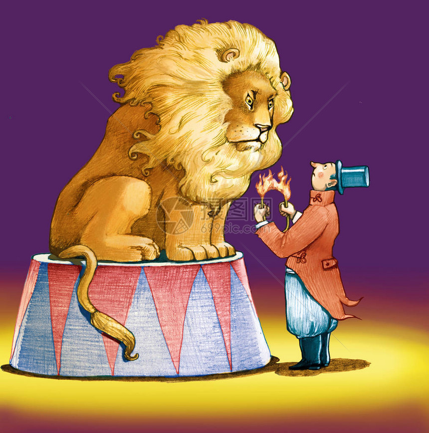 一个驯兽师想让一头巨大的狮子穿过一个图片