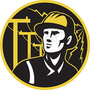 一名电力架线工电修理工人用电线杆柱和背景中的闪电向上看的插图设置图片