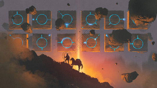 人类和马在山上行走对抗空中漂浮的神秘岩石数字艺术风格插图绘画图片