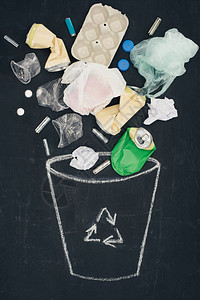 各种类型的垃圾倒入垃圾桶中在黑板上图片