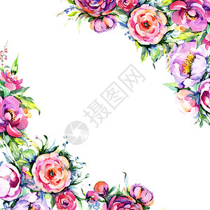 花艺花框架水彩花束粉红色牡丹花卉植物花框架边框装饰广场背景纹理包装图案框架或边框设计图片