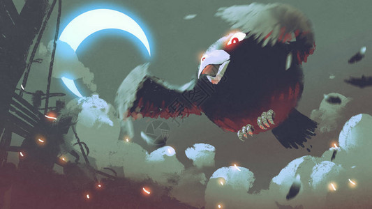在夜空中飞行的巨型胖鸟月亮数字艺术风图片
