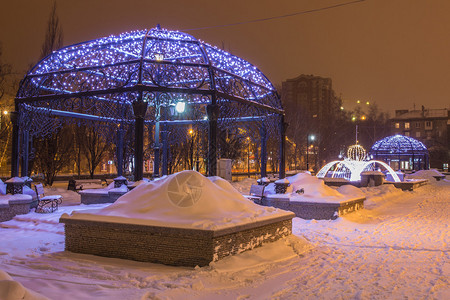 晚上装饰的冬季城市公园的风景图片