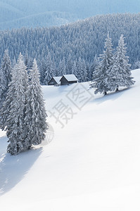 仙女地貌山上的冬天木屋喀尔巴阡山脉图片