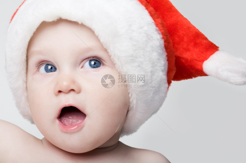 穿着圣诞公帽的蓝眼宝看着镜图片