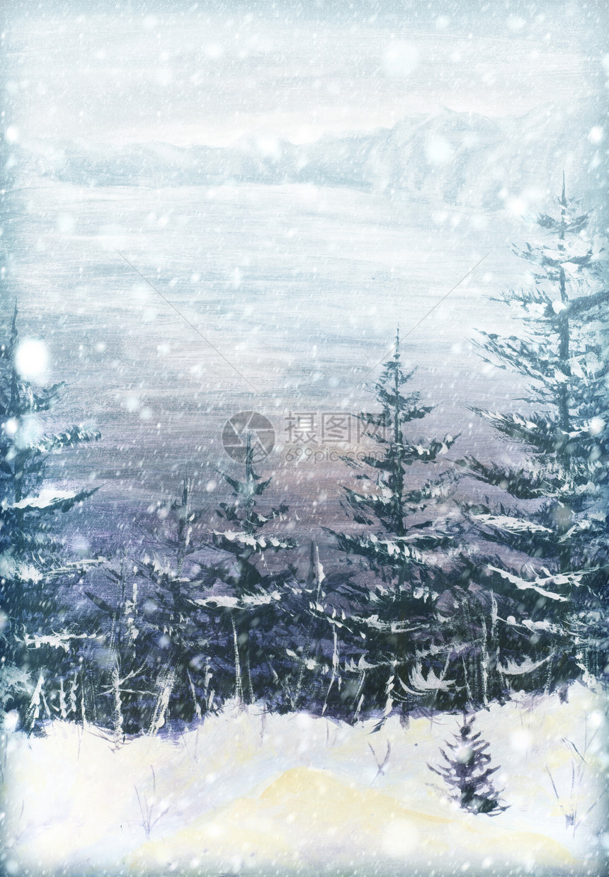 冬天雪背景圣诞冷杉松树上模糊的雪花冬季景观圣诞快乐油图片