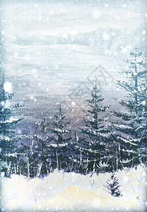 冬天雪背景圣诞冷杉松树上模糊的雪花冬季景观圣诞快乐油背景图片
